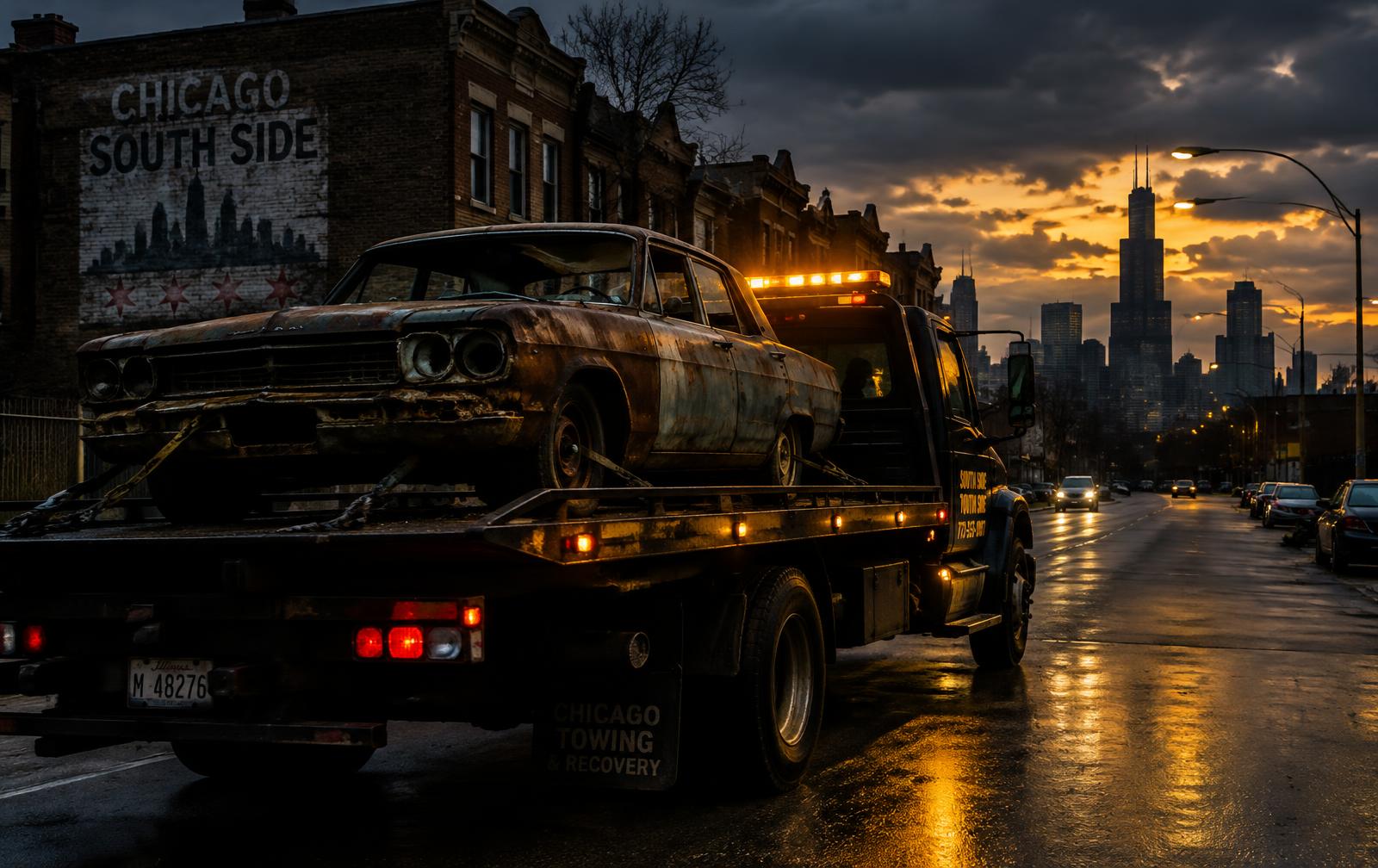 Tow truck hauling a junk car in Chicago