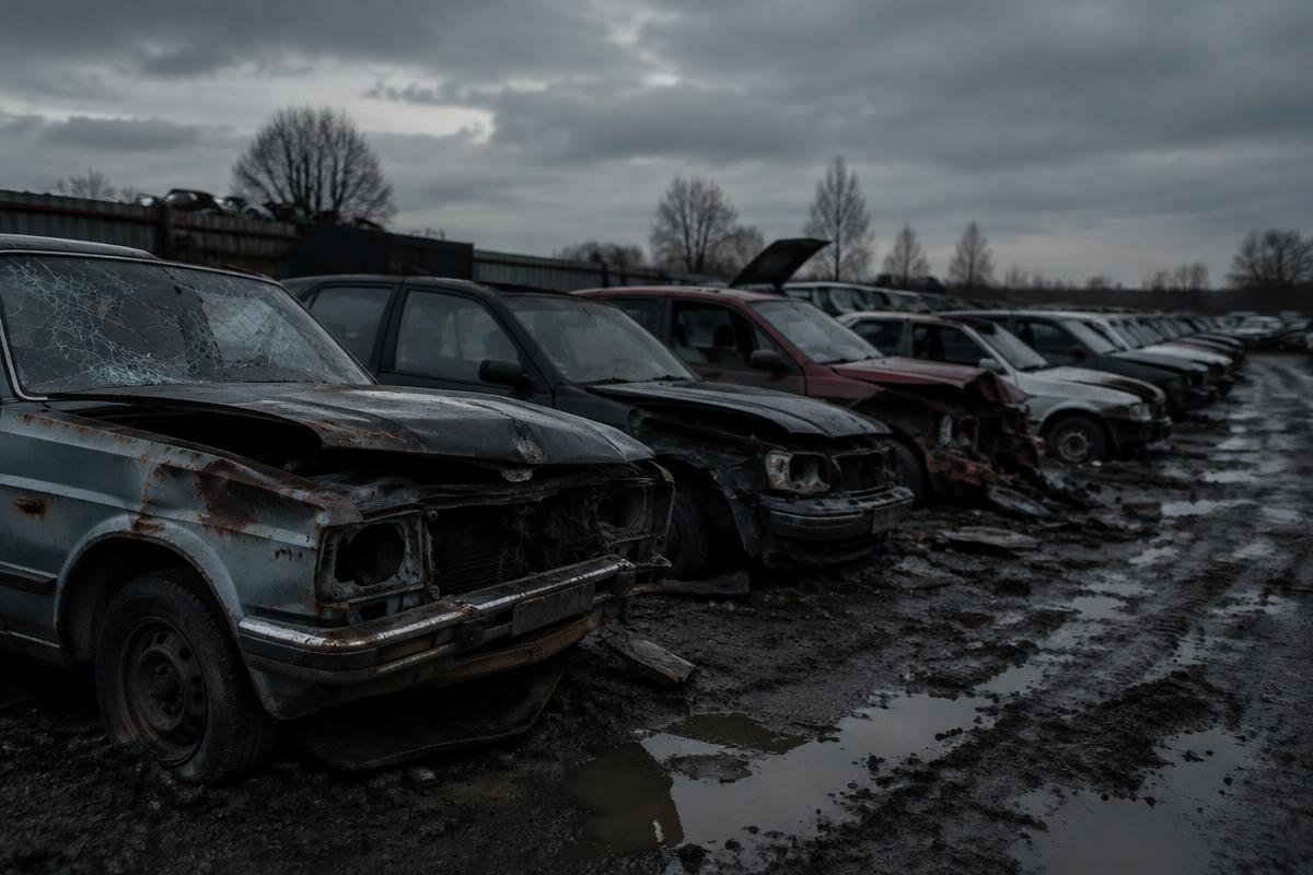 Row of damaged junk cars